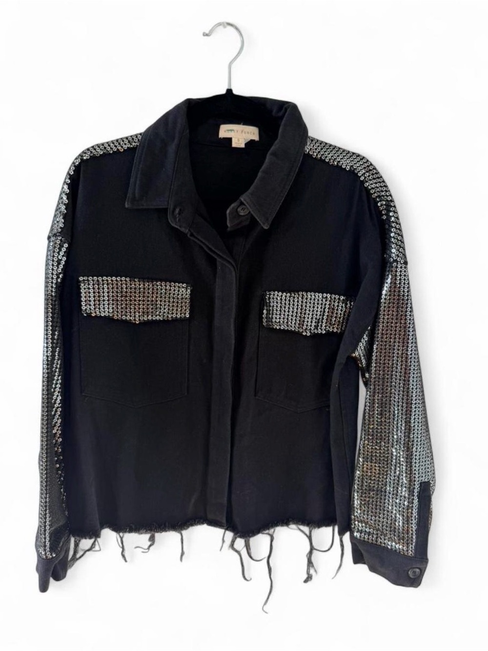 Honey Punch Black Utility Jacket with Silver Sequin Trim